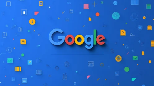 Google Logo with Minimalist Tech Icons on Blue Background.