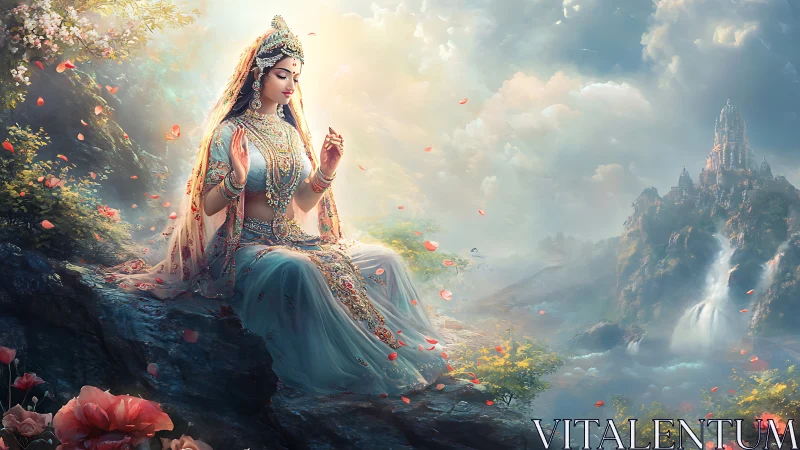 Graceful goddess rests by waterfalls in a dreamy sky realm