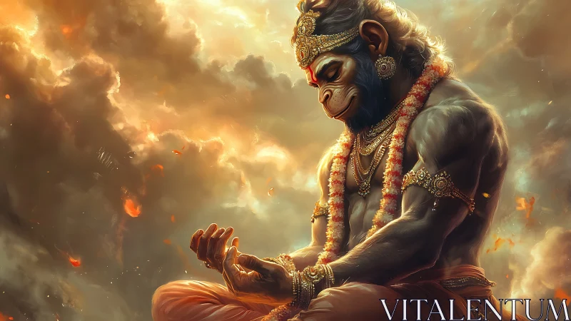Hanuman-inspired warrior in contemplative golden light.