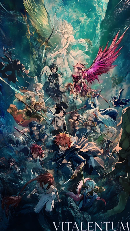 Vertical fantasy ensemble of airborne and aquatic anime warriors