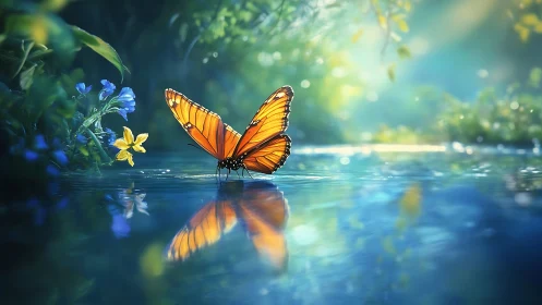 Monarch Butterfly Resting by a Stream in Dreamy Nature Scene.