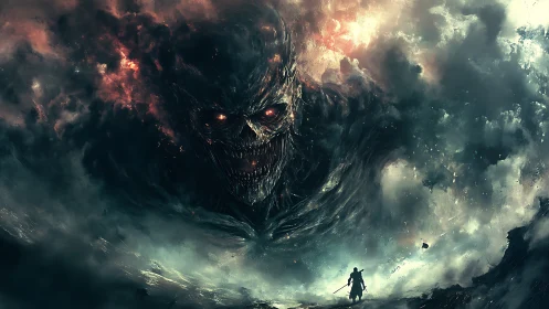Colossal demonic storm looms over lone sword‑wielding hero.