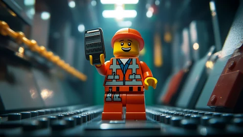 Photorealistic LEGO worker in cinematic corridor lighting.
