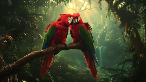 Vibrant Scarlet Macaws on Jungle Branch, Lush Nature Scene.