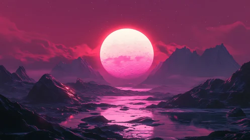 Glowing lunar horizon over a dreamy magenta alien sea.