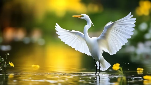 Elegant white egret with open wings in vibrant nature scene.