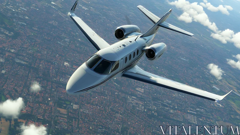 Sleek private jet soars above cityscape under soft clouds