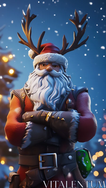 Stylized 3D Santa warrior with antlers under soft winter bokeh