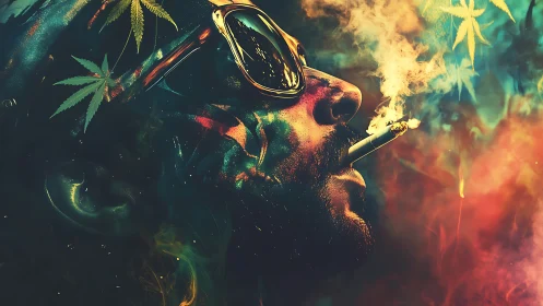 Man in profile smokes cigarette amid neon cannabis haze