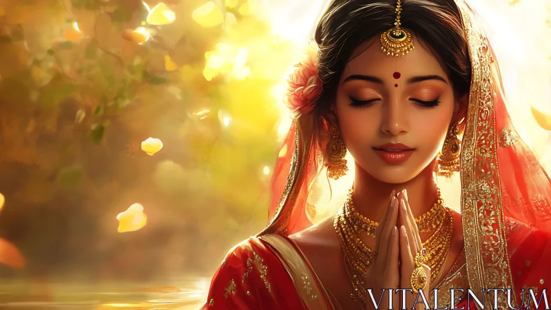 Serene Indian Woman in Traditional Attire with Golden Light.