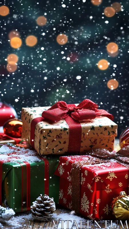 Snow-kissed gift towers wait under twinkling holiday bokeh