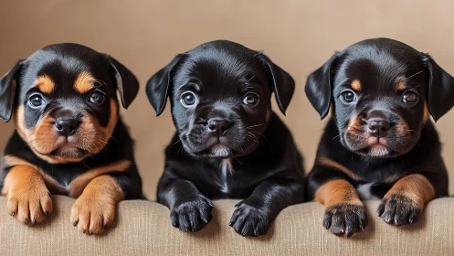 Three black and tan puppies aligned against neutral backdrop.