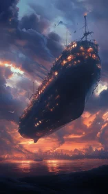 Levitating ocean liner ascends over neon-lit industrial coast