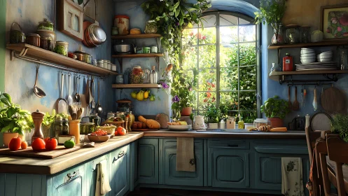 Sunlit rustic kitchen shows fresh produce and garden view
