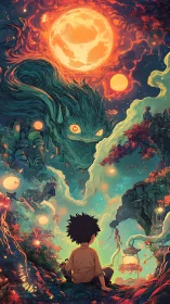 Child confronts cosmic spirit under molten aurora moons.