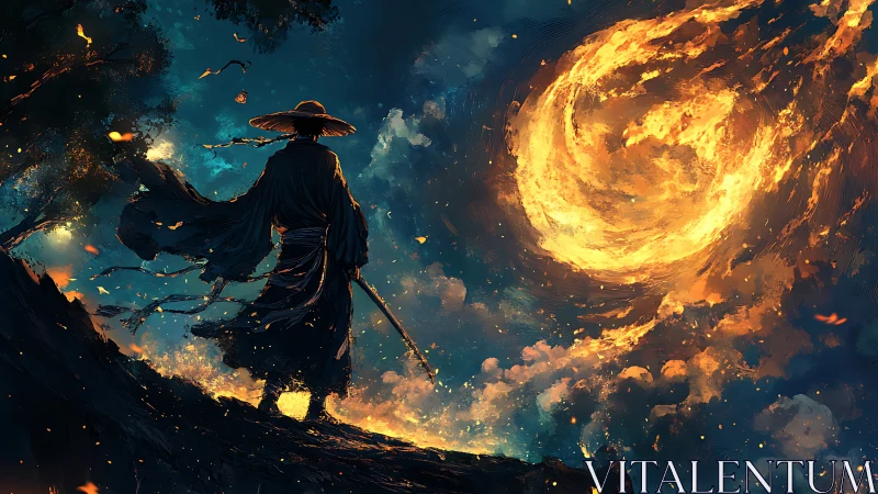 Lone wanderer greets a blazing sky of swirling fire and stars.