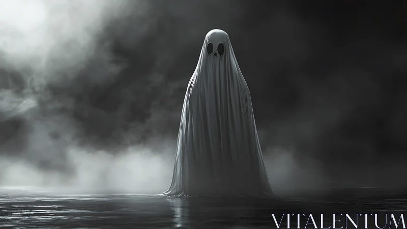 Lonely sheet ghost standing in dark foggy atmosphere.