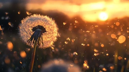 Sunlit dandelion wishes drifting through a molten sunset sky.