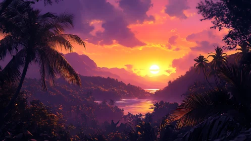 Sunset over dense tropical valley and reflective river scene.
