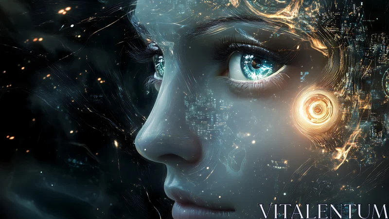 Cybernetic female visage with luminous neural interfaces and HUD