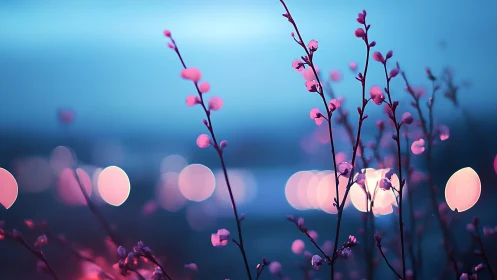 Twilight macro bokeh on pink blossom twigs against cyan sky