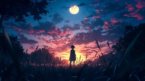 Silhouette child stands in tall grass under moonlit sunset sky