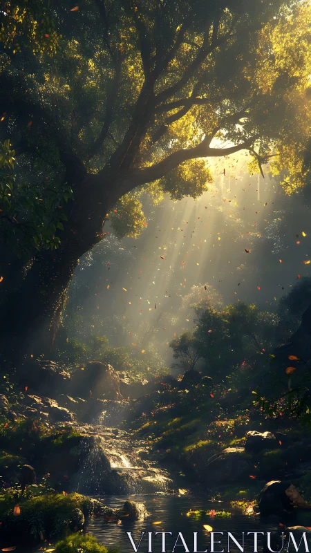 Sunlit forest haven with gentle waterfall and drifting leaves.