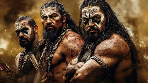 Tribal warriors stand united with war paint and defiant stares
