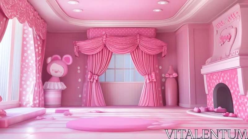 Pastel pink fantasy nursery interior in stylized 3D rendering.
