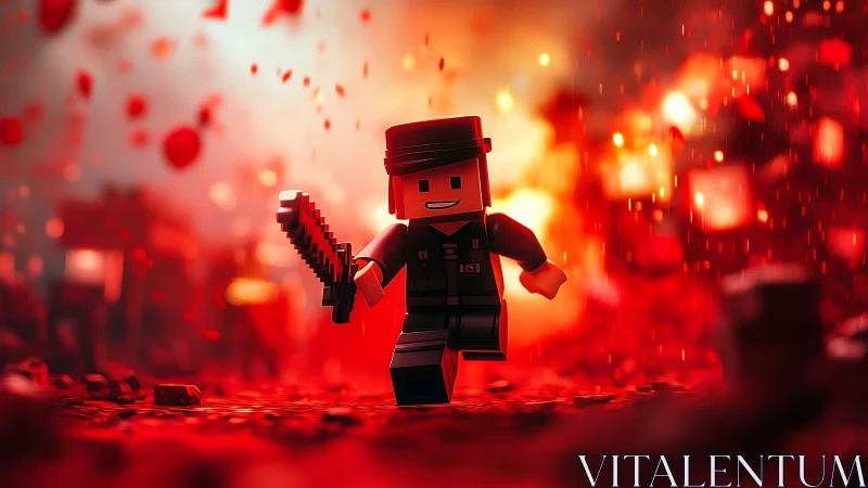 Lego style soldier runs through blazing red battlefield scene