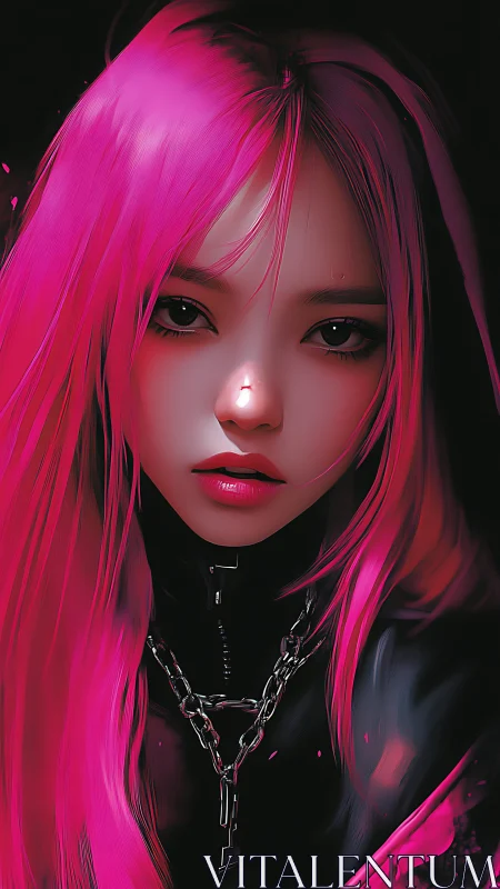 Pink-haired digital portrait of woman in black outfit.