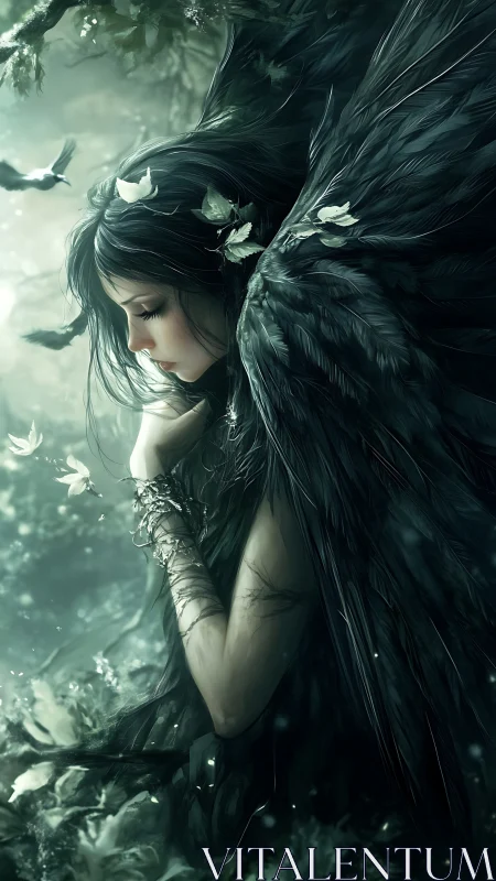 Midnight-winged forest muse listens to softly glowing silence