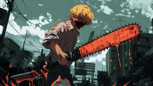 Blood-soaked anime fighter wields oversized chainsaw in ruined city