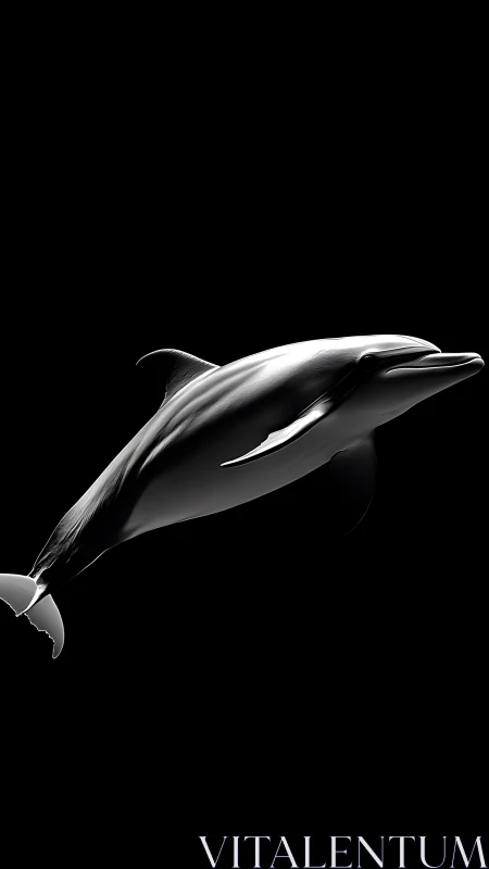 Monochrome dolphin rendered against deep black background.