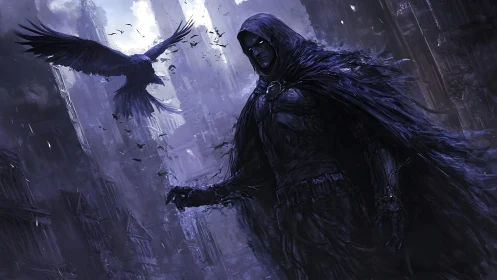 Shadowed watcher walks with ravens through a haunted city night