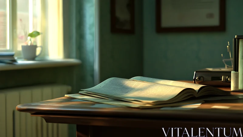 Sunlit desk reverie with open pages and quiet morning glow.