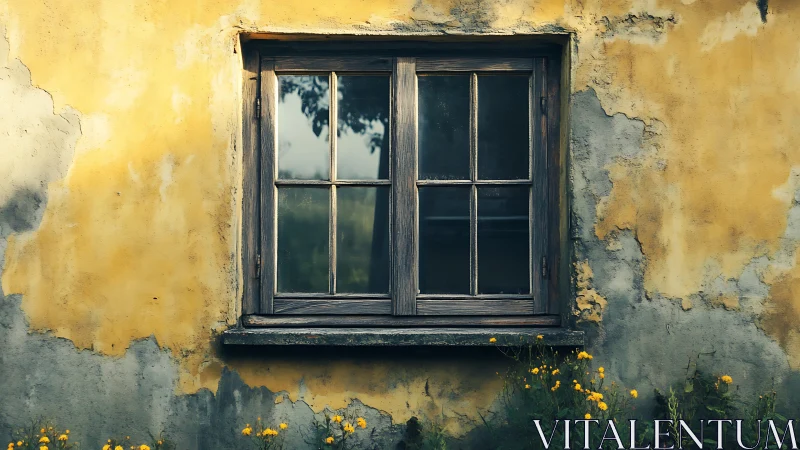 Weathered wooden casement window in distressed yellow plaster wall