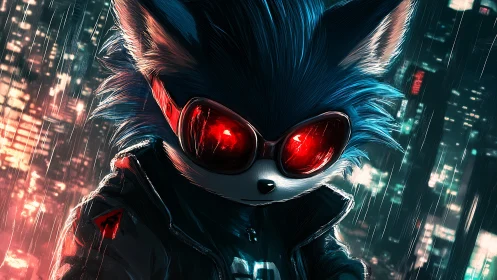 Cyberpunk fox operative with neon-bathed rain city backdrop.