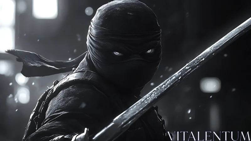 Midnight ninja poised in stormlit steel and shadowed silence.