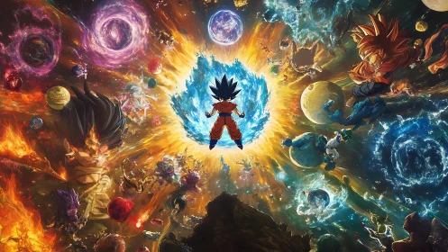 Anime cosmic battle panorama with radial energy composition.