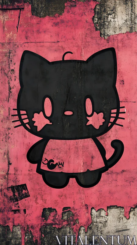 Black cartoon cat graffiti stands on distressed pink wall
