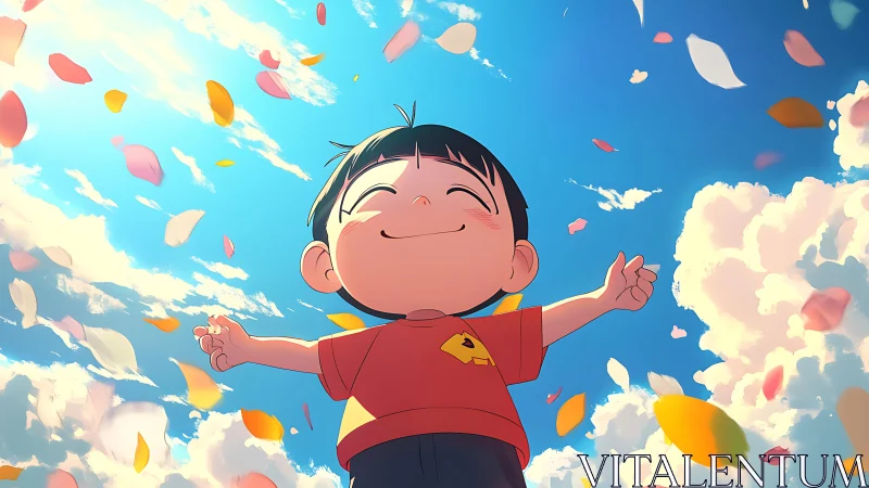 Joyful child lifts arms to the sky amid drifting petals