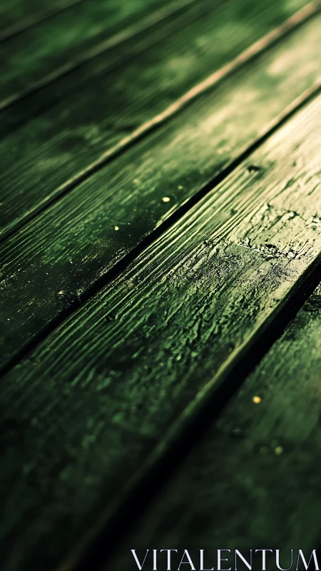 Weathered green wooden planks in diagonal closeup focus.