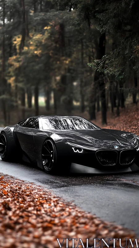 Black BMW concept coupe glides through damp autumn forest road