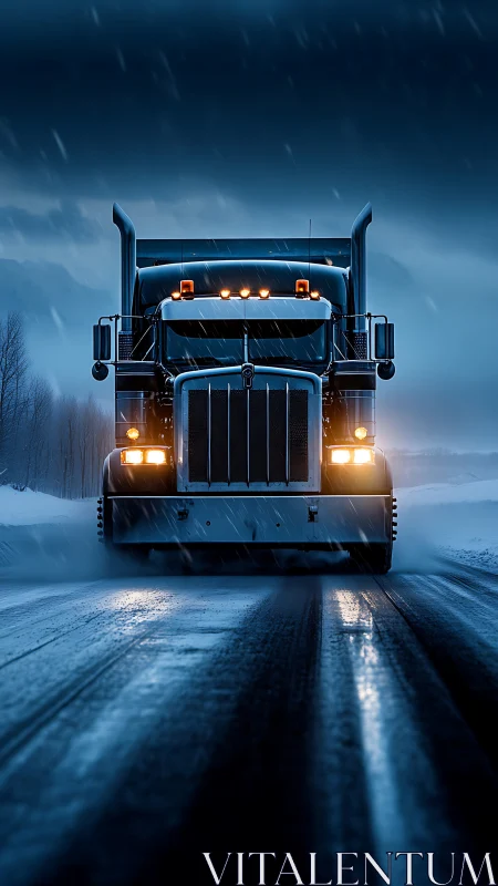 Heavy semi truck with LED headlights crossing icy winter highway