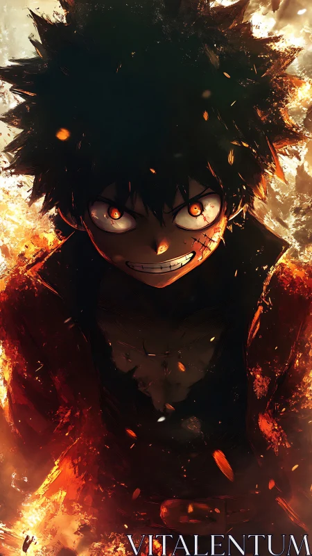 Burning resolve surrounds a fierce anime hero in flames