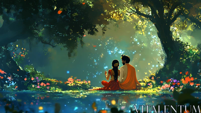 Enchanted lovers rest beside a glowing forest pool at dusk.