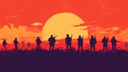 Soldiers silhouetted in a burning red battlefield sunset.