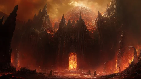 Infernal citadel with towering lava spires and gate.