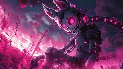 Cyborg rabbit skeleton sits in neon pink wasteland at dusk